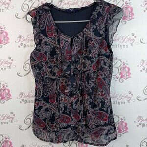 Reitmans tank top ruffle frilly paisley pattern Navy and Red Paisley Blouse